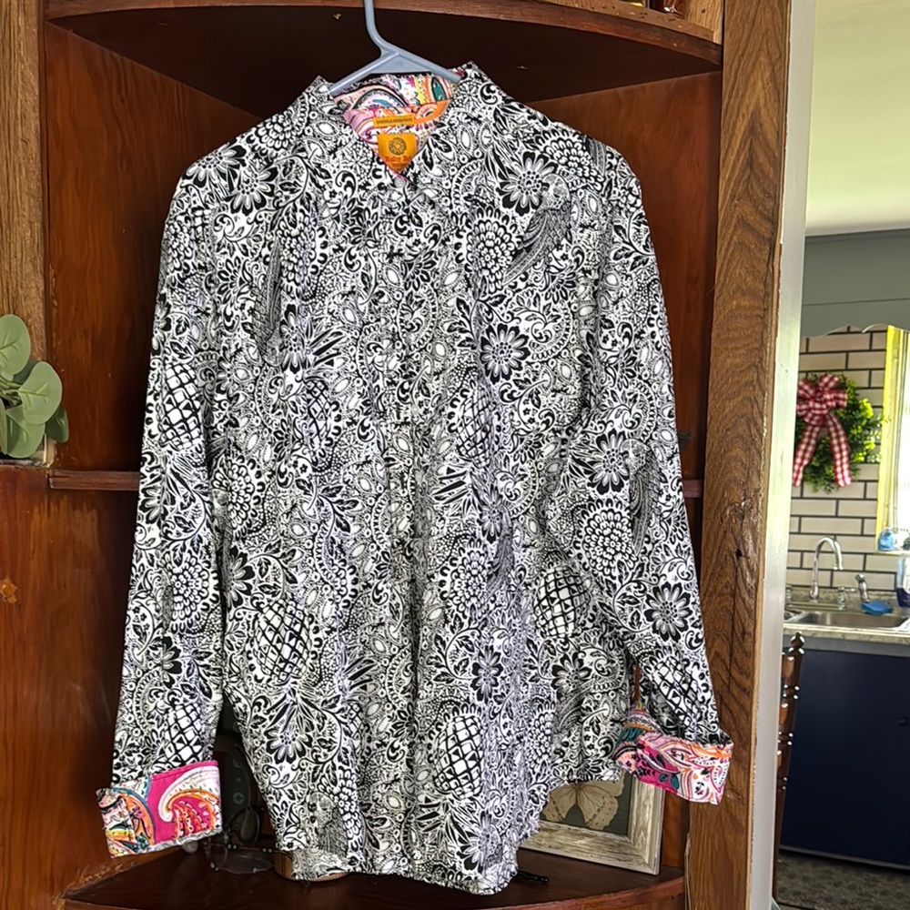 Ruby Rd Black and White Blouse with Paisley Print
